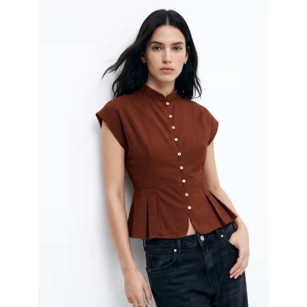 Zara Top Women Small Brown Peplum Button Up Lyocell Linen Mock Neck Cap Sleeve